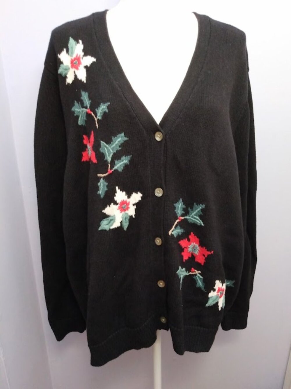Women's Size 18-20W* Christmas Cardigan Sweater Embroidered Poinsettias Grandma